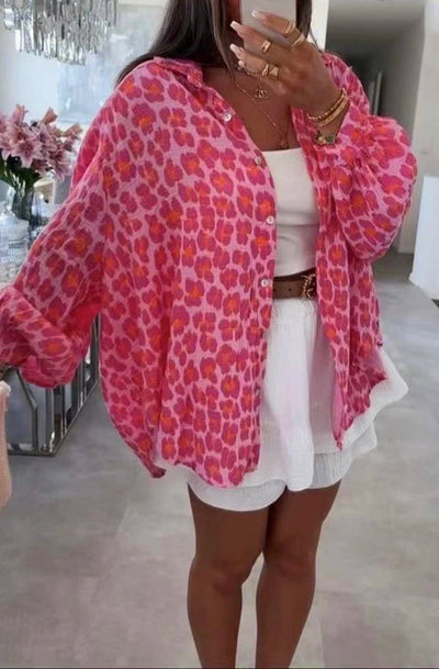 Stacey Animal Oversized Cotton Gauze Style Shirt Top-Pink