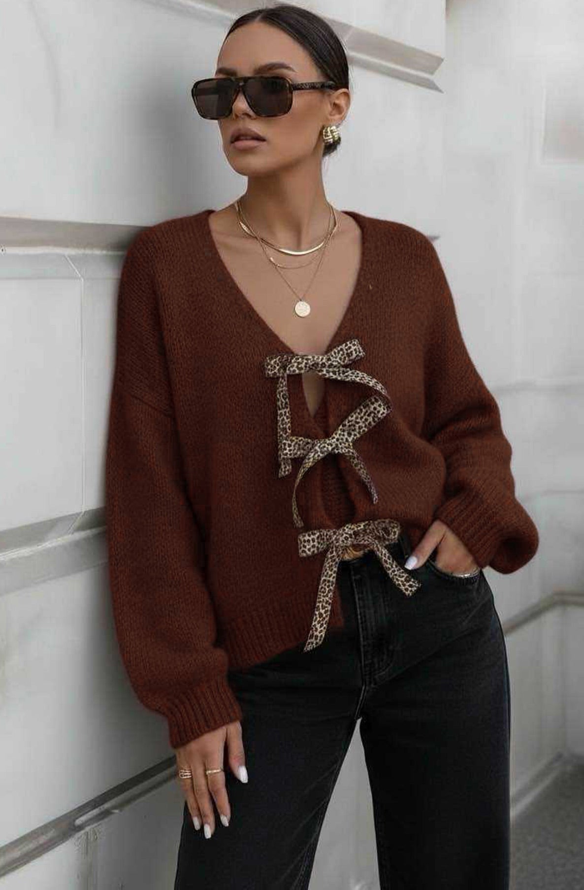 Stephanie Leopard Tie-Up Knitted Cardigan-Brown