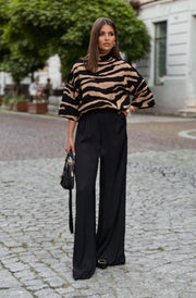 Tasha Zebra Print Lightweight Knitted High Neck Top-Camel