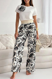 Taya Paisley Wide Leg Palazzo Trousers-Black