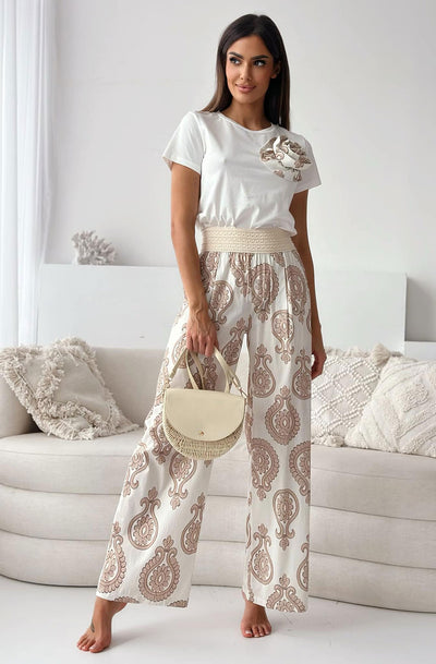 Taya Paisley Wide Leg Palazzo Trousers-Stone