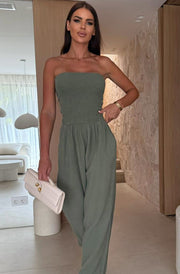 Tegan Shirred Bandeau Cotton Gauze Style Wide Leg Jumpsuit-Khaki