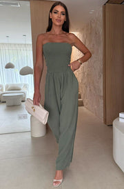 Tegan Shirred Bandeau Cotton Gauze Style Wide Leg Jumpsuit-Khaki
