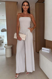 Tegan Shirred Bandeau Cotton Gauze Style Wide Leg Jumpsuit-Stone