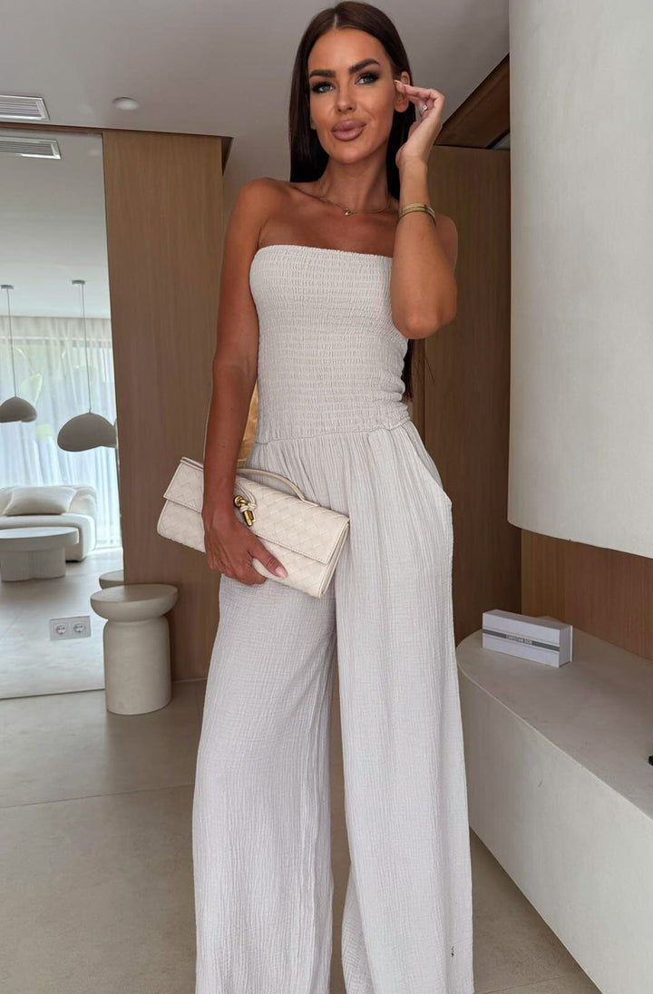 Tegan Shirred Bandeau Cotton Gauze Style Wide Leg Jumpsuit-Stone