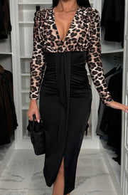Tiffany Leopard Wrap Bodycon Midaxi Dress-Black