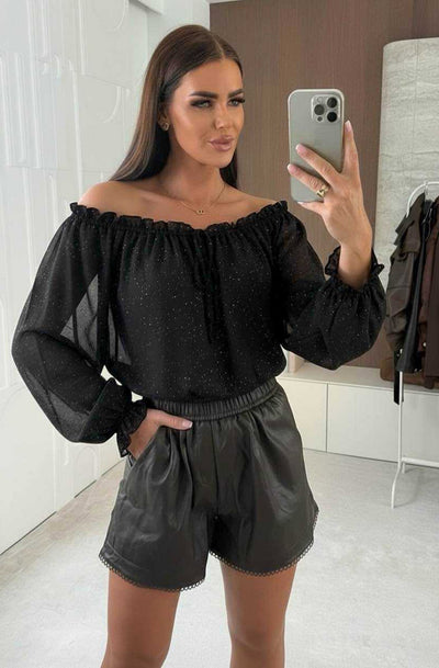 Tova Shimmer Off Shoulder Chiffon Blouse Top-Black