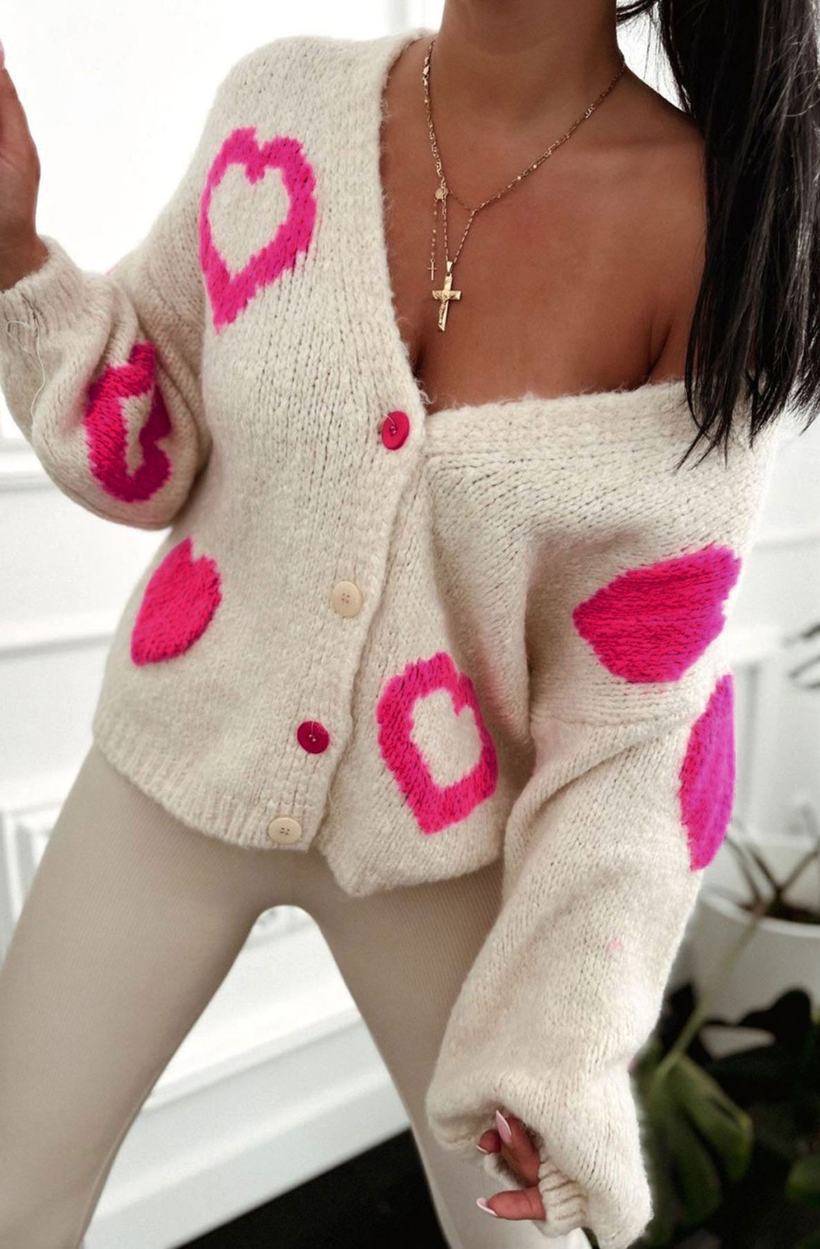 Trinnie Contrast Heart Patterned Knitted Cardigan-Beige