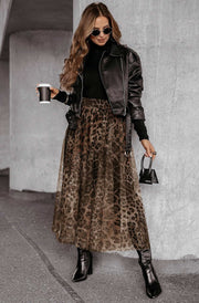 Trissy Layered Animal Print Mesh Midaxi Skirt-Brown