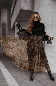 Trissy Layered Animal Print Mesh Midaxi Skirt-Brown