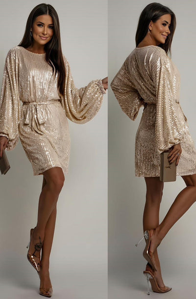 Verenna Sequin Batwing Belted Mini Dress-Gold