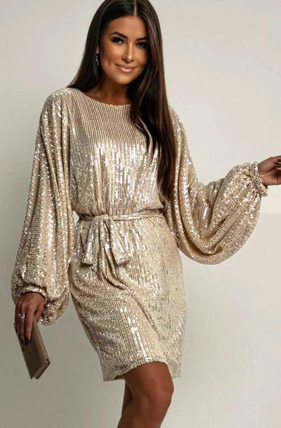 Verenna Sequin Batwing Belted Mini Dress-Gold