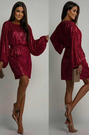 Verenna Sequin Batwing Belted Mini Dress-Wine