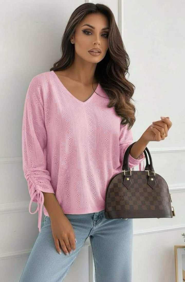 Vesi Openwork V Neck Blouse Top-Baby Pink