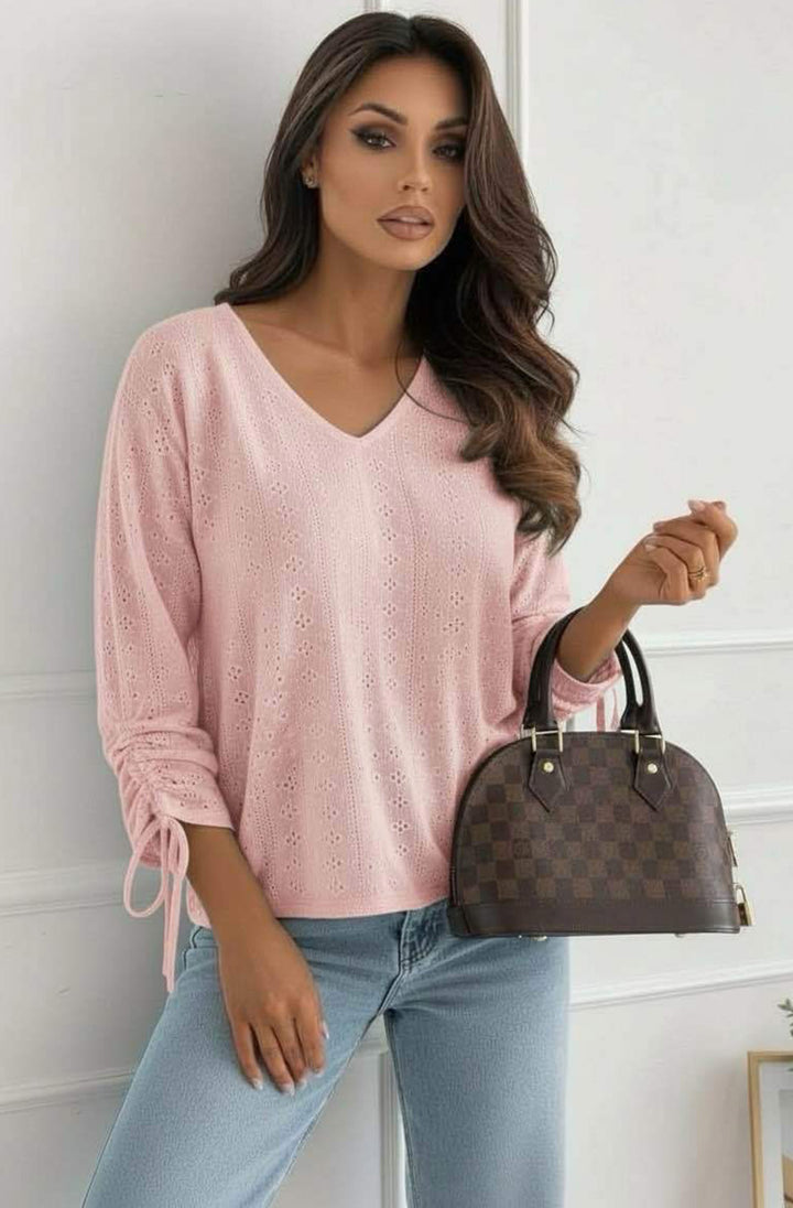 Vesi Openwork V Neck Blouse Top-Baby Pink