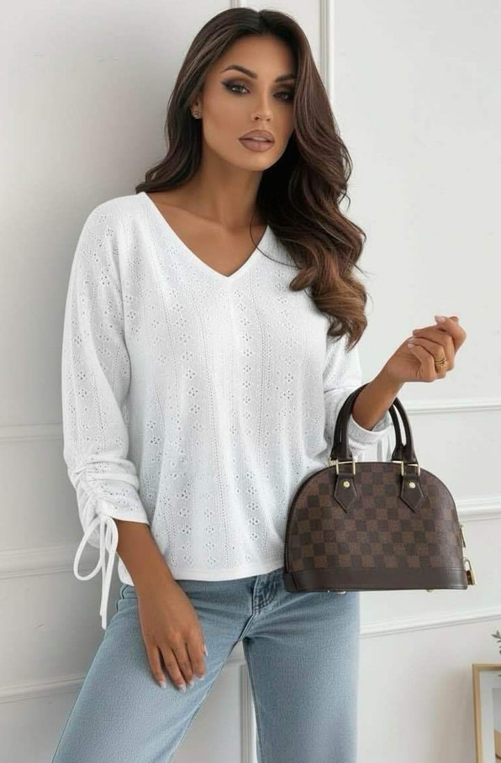 Vesi Openwork V Neck Blouse Top-Ivory