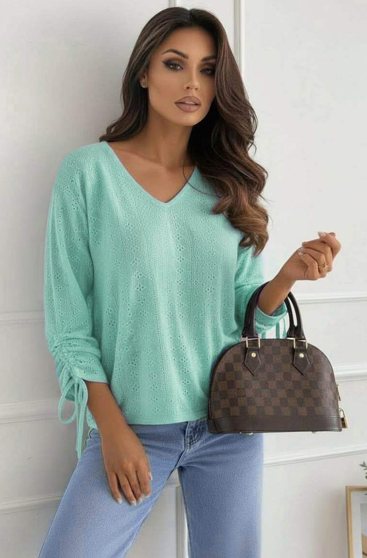 Vesi Openwork V Neck Blouse Top-Mint