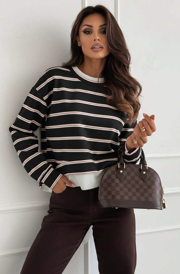 Viola Striped Double-Layer Effect Sweatshirt Top-Black