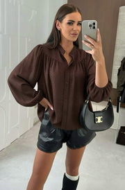 Violette Iridescent Foil Dot V Neck Batwing Blouse Top-Brown