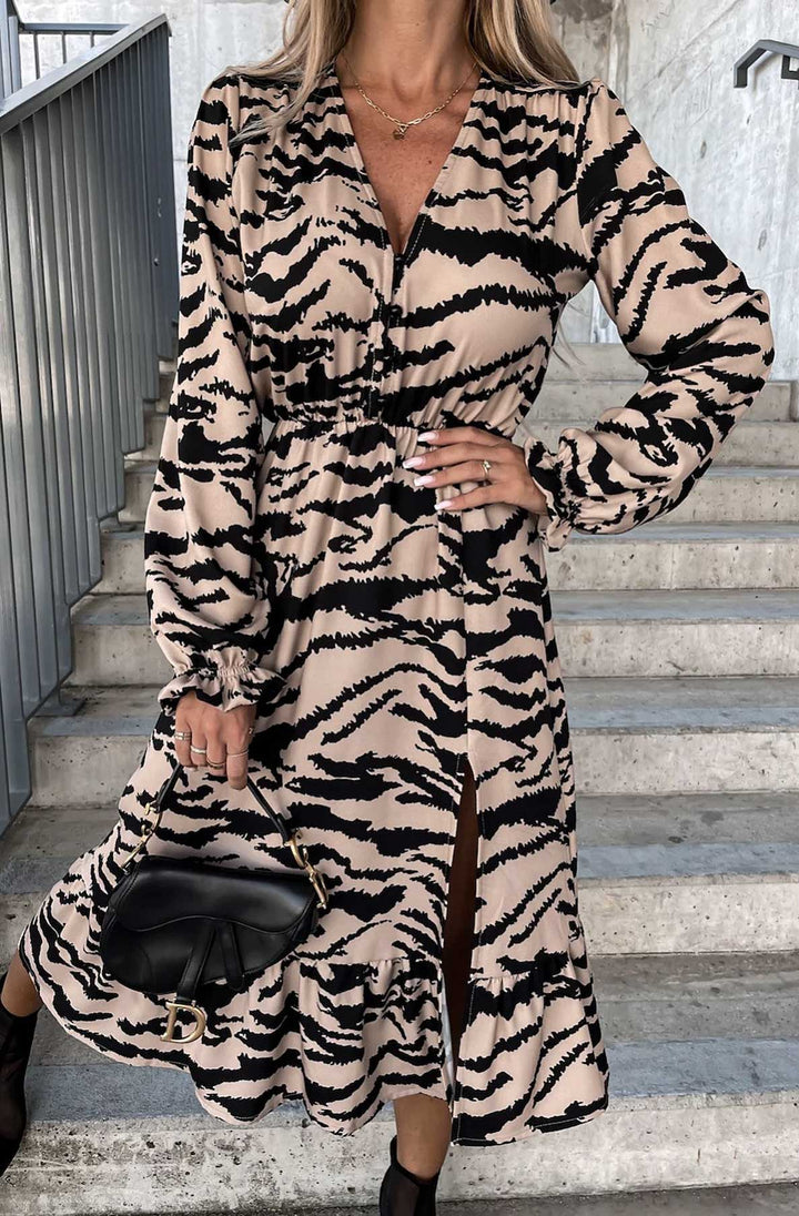 Vionara Animal Print Long Sleeve Dress-Stone