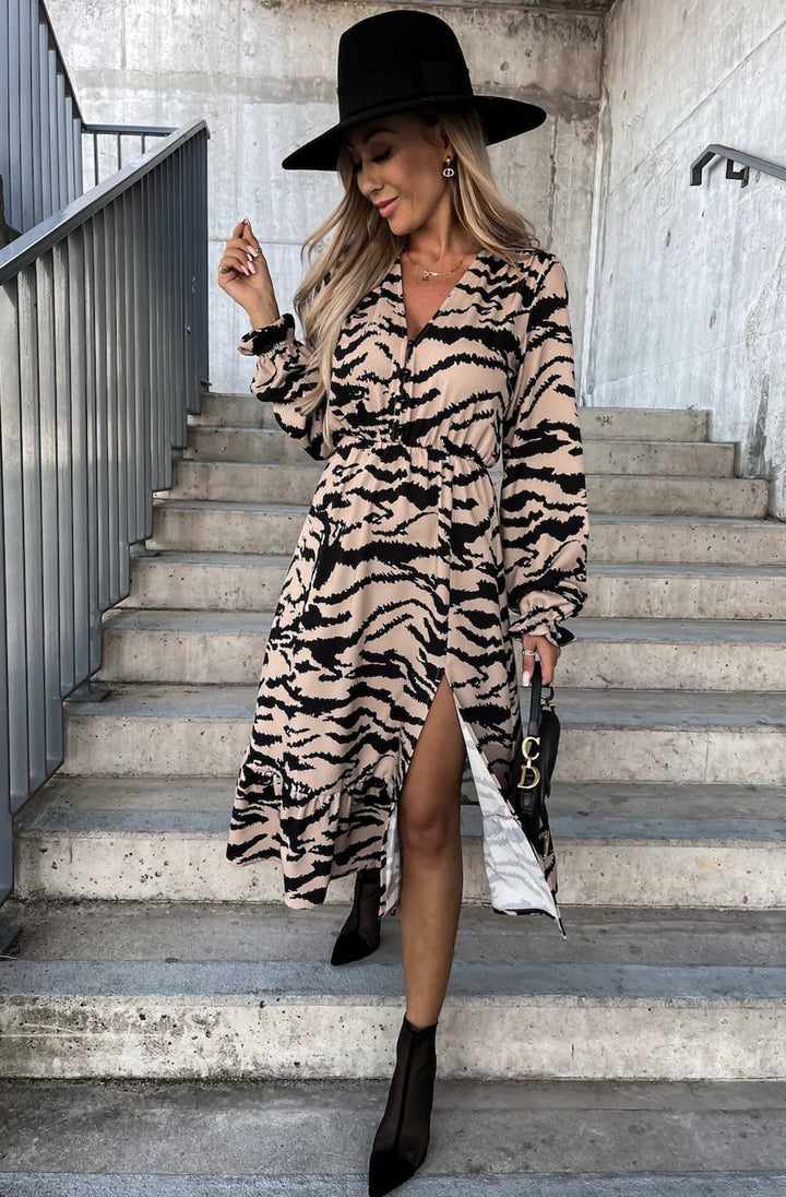 Vionara Animal Print Long Sleeve Dress-Stone