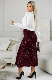 Vivi Sequin Velvet Flared Midi Skirt-Wine