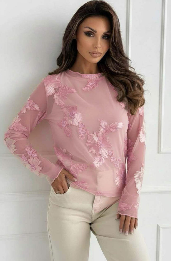 Vonnie Embroidered Mesh Blouse Top-Dusty Pink