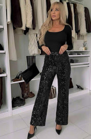 Willow Sequin Velvet Elastic-Waist Trousers-Black