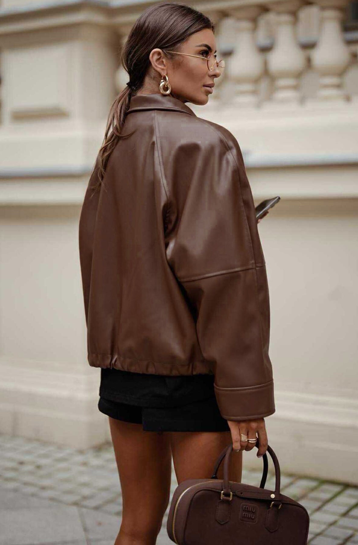 Windy PU Faux Leather Zip Jacket-Brown