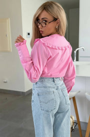 Yoko Frill Collar Long Sleeve Button-Up Shirt Top-Pink