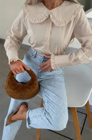 Yoko Frill Collar Long Sleeve Button-Up Shirt Top-Stone