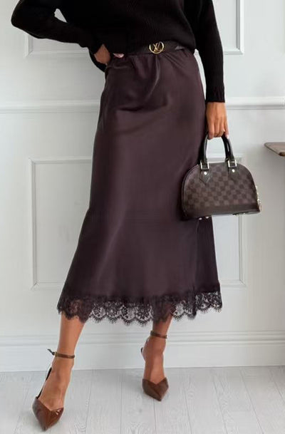 Zabrina Satin Lace Trim Midi Skirt-Chocolate