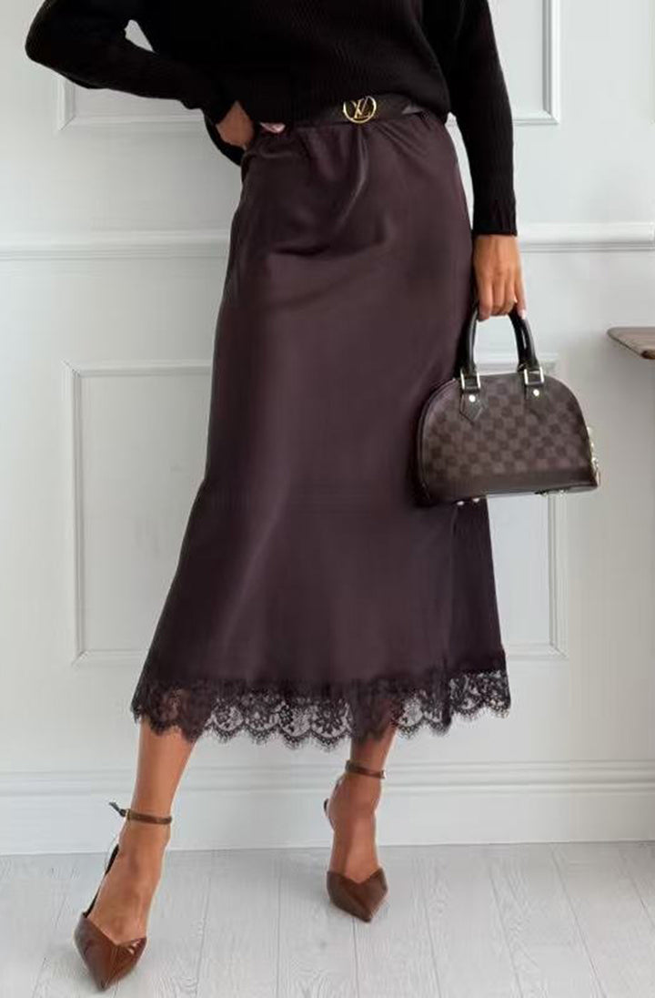 Zabrina Satin Lace Trim Midi Skirt-Chocolate