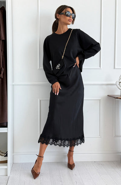 Zabrina Satin Lace Trim Midi Skirt-Black