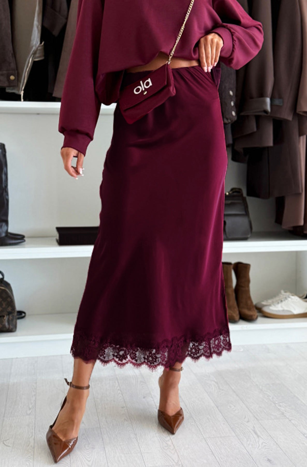 Zabrina Satin Lace Trim Midi Skirt-Wine