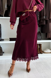 Zabrina Satin Lace Trim Midi Skirt-Wine