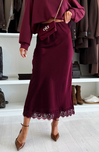 Zabrina Satin Lace Trim Midi Skirt-Wine