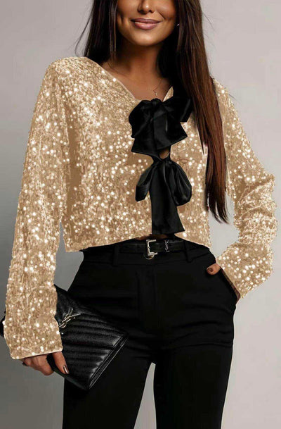 Zafira Sequin Bow Tie Cropped Blouse Top-Gold