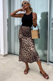 Zara Satin Leopard Print Midaxi Skirt-Dark Brown