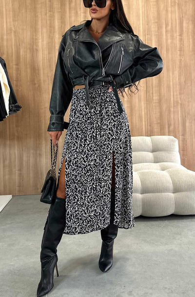 Zelda Abstract Print Side Slit Midaxi Skirt-Black