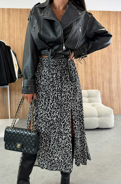 Zelda Abstract Print Side Slit Midaxi Skirt-Black
