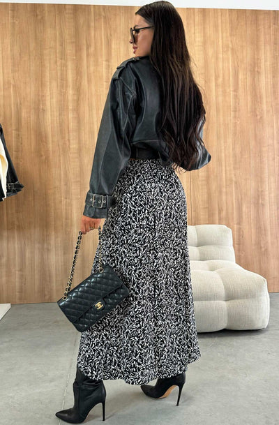 Zelda Abstract Print Side Slit Midaxi Skirt-Black