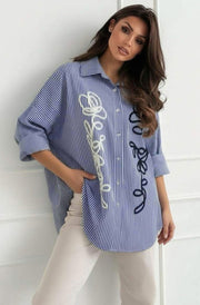 Zella Oversized Abstract Embroidered Stripe High Low Shirt Top- Dark Blue