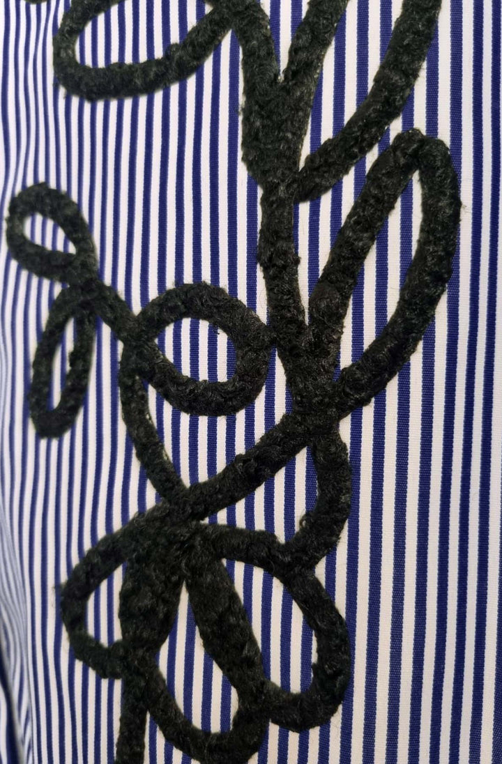 Zella Oversized Abstract Embroidered Stripe High Low Shirt Top- Dark Blue