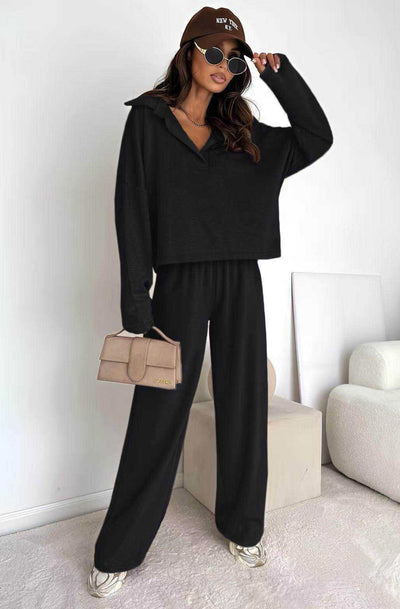 Zuma Collared Two Piece Co-Ord Loungewear Set-Black