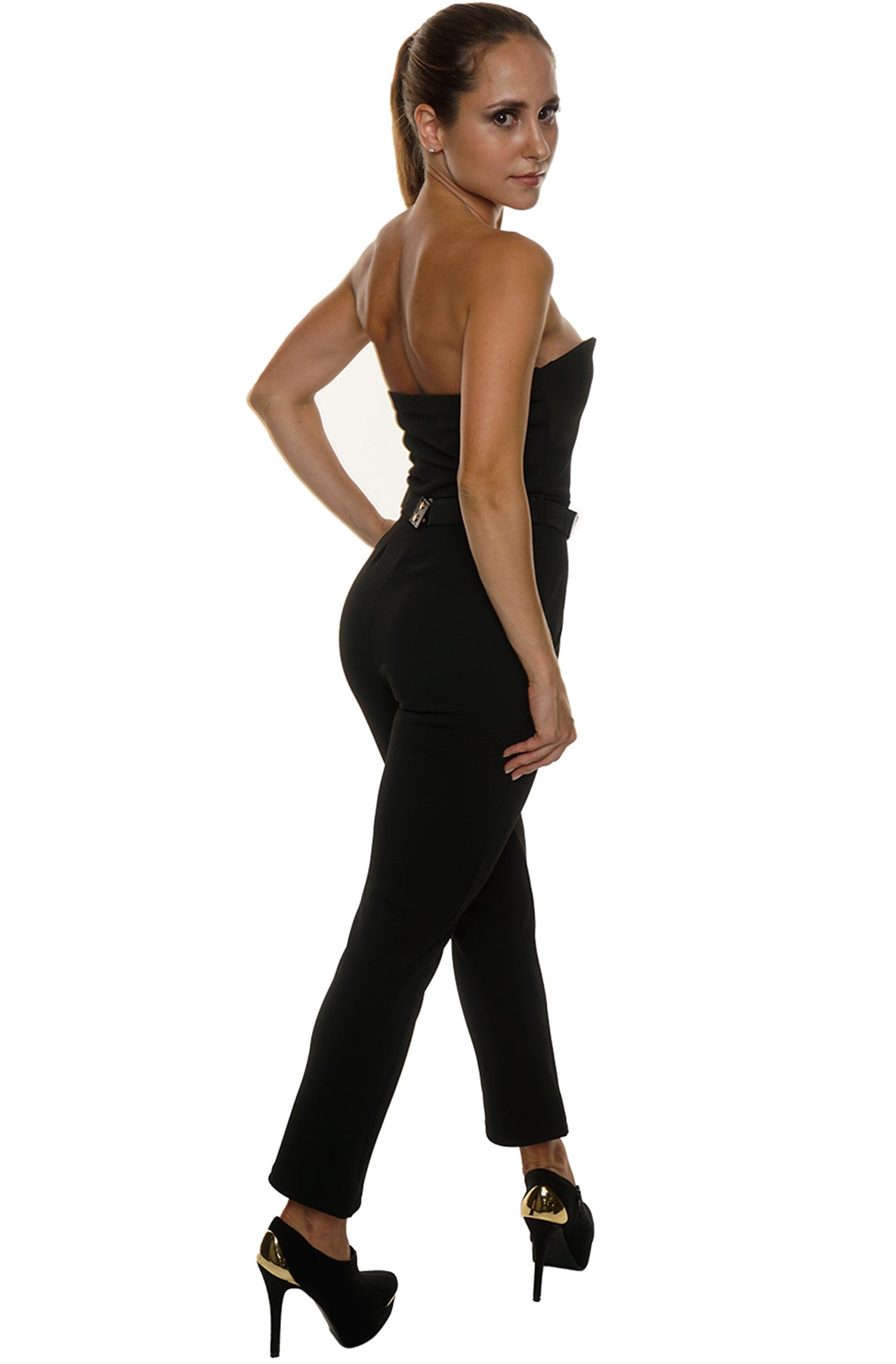 Briana'V' Plunge Neck Belted Jumpsuit-Black