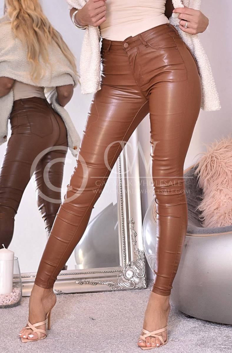 Jordan Faux Leather Pocket Detail Trousers-Brown